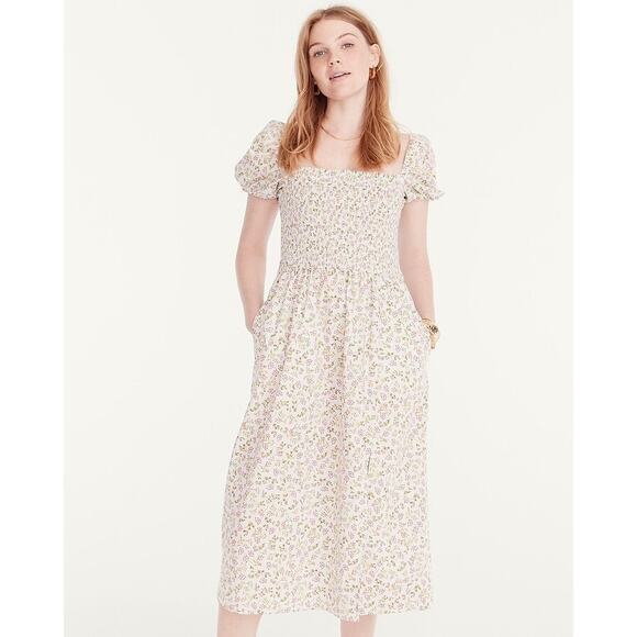J. Crew Meadow Floral Smocked Dress Light Blue Pink Slit Short Puff Sleeve Sz S - Picture 1 of 7
